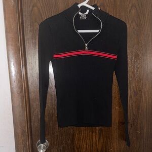 Black Zip-Neck Ribbed Sweater with Red Stripe